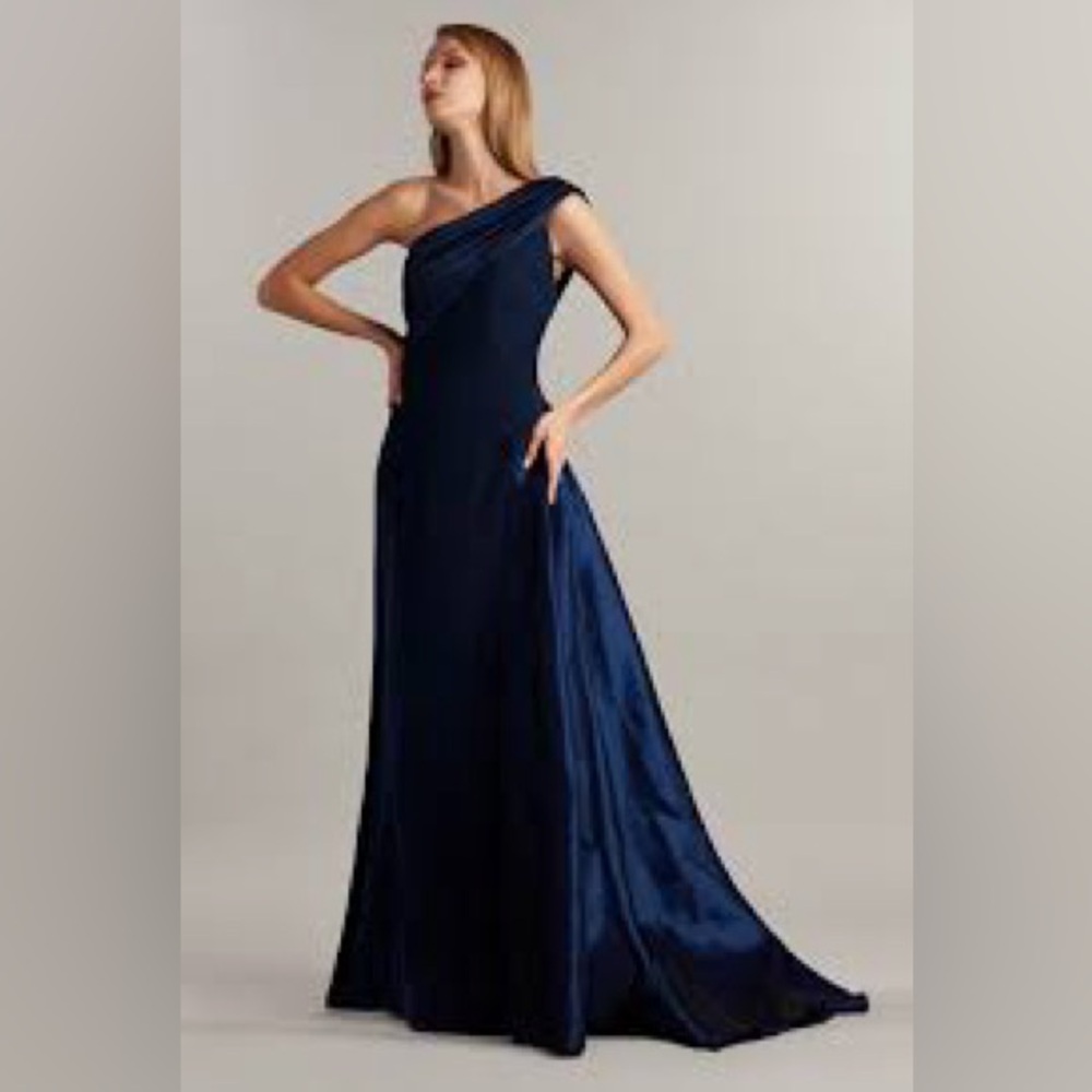 Tadashi Shoji navy one shoulder dress